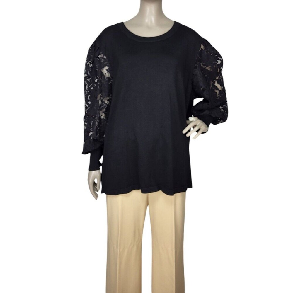 Black Lace Balloon Sleeve Round Neck Knit Tunic Liz Claiborne Top Plus Size 2X